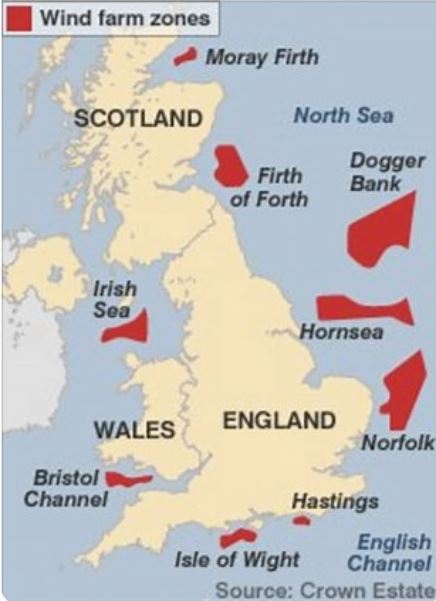 Map of UK with wind farm zones highlighted