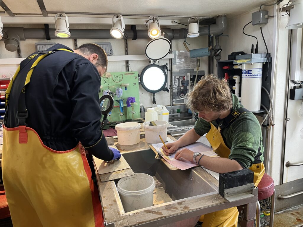 Photo of 2 PrePARED team members, 1 standing measuring a fish and the other sitting opposite writing notes on paper