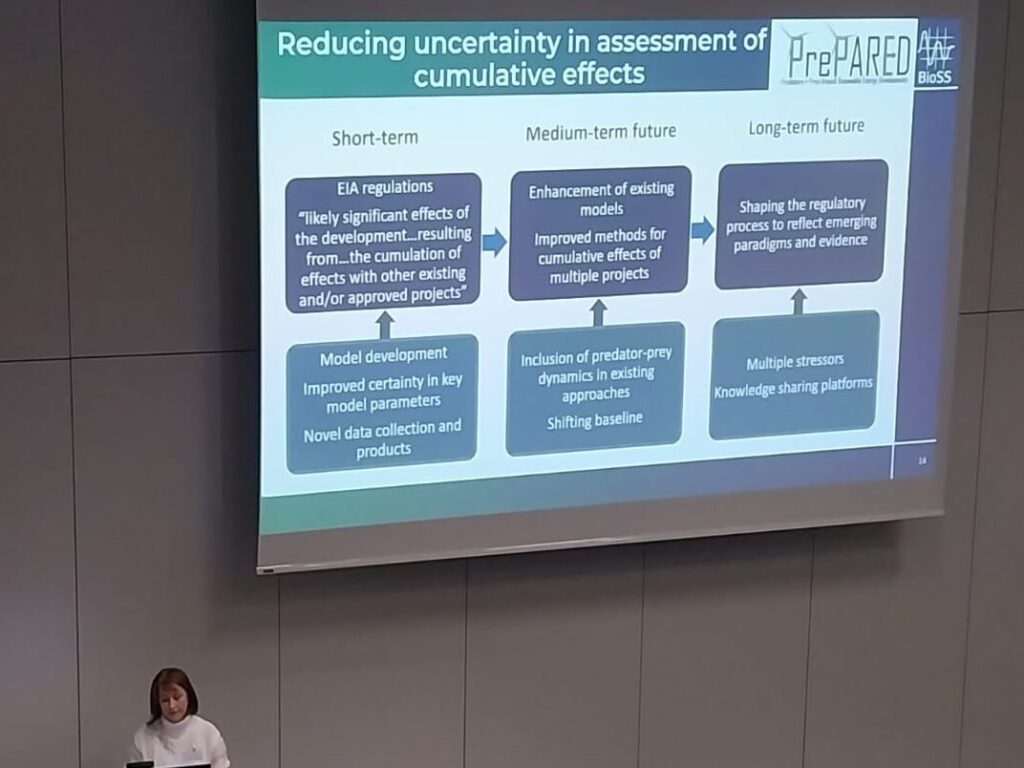 PrePARED colleague presenting at event. Presentation slides state "Reducing uncertainty in assessment of cumulative effects - Short term, Medium-term future and Long-term future"